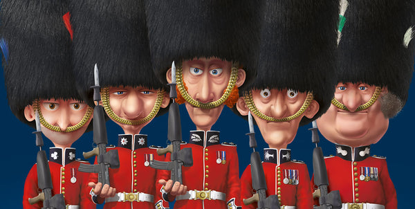 The Queen's Guards – Irish, Coldstream, Scots, Welsh, Grenadier – worn the tall black bearskin hats, permanent reminder about the victory at the Battle of Waterloo in 1815. 