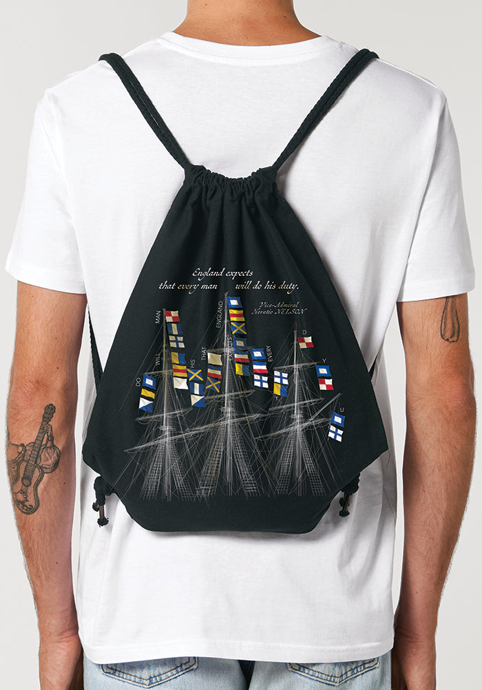 Black backpack with Horatio Nelson's flag signal at the Battle of Trafalgar 1805 'England expects that every man will do his duty'.