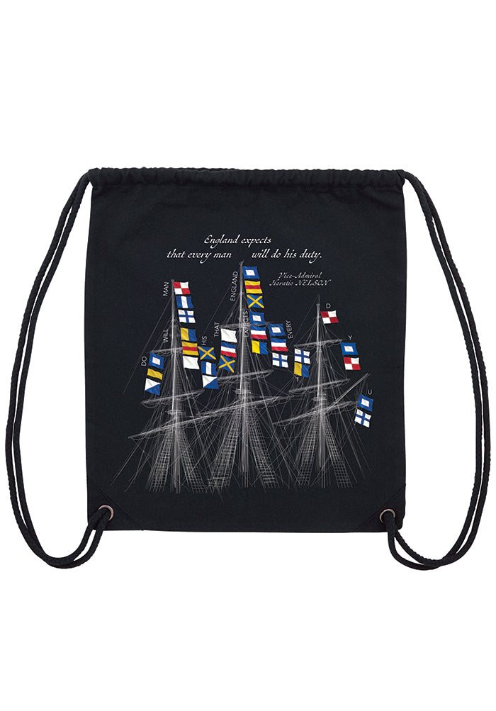 Black backpack with Horatio Nelson's flag signal at the Battle of Trafalgar 1805 'England expects that every man will do his duty'.