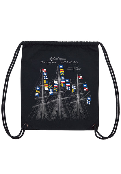 Black backpack with Horatio Nelson's flag signal at the Battle of Trafalgar 1805 'England expects that every man will do his duty'.
