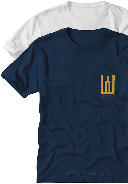 Navy blue t-shirt with a gold logo of Gediminid dynasty and text 'Lithuania'.