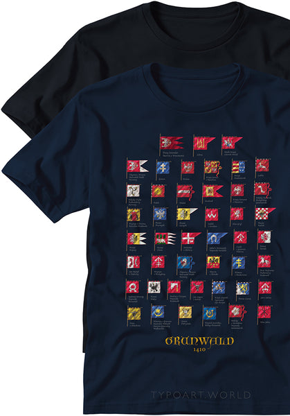 Navy blue t-shirt with small flags of Polish Lithuanian alliance in the battle of Grunwald 1410 and 'TypoArt World' branding.