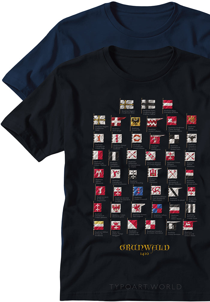 Black t-shirt with flags of the Teutonic Order in the battle of Grunwald 1410 and 'TypoArt World' branding.