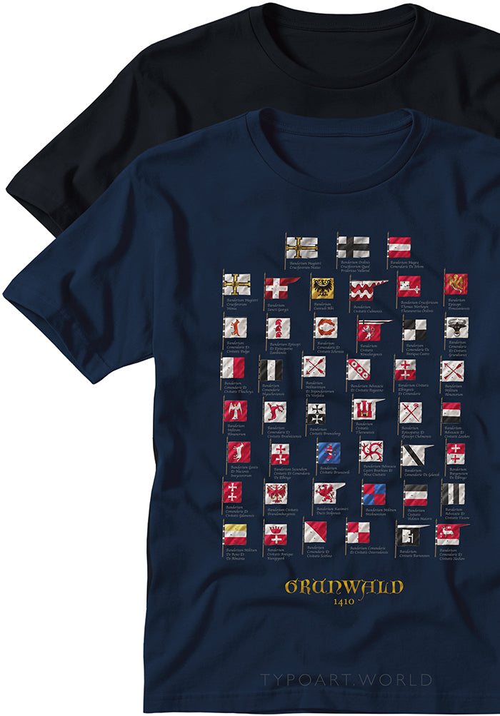 Navy blue t-shirt with flags of the Teutonic Order in the battle of Grunwald 1410 and 'TypoArt World' branding.