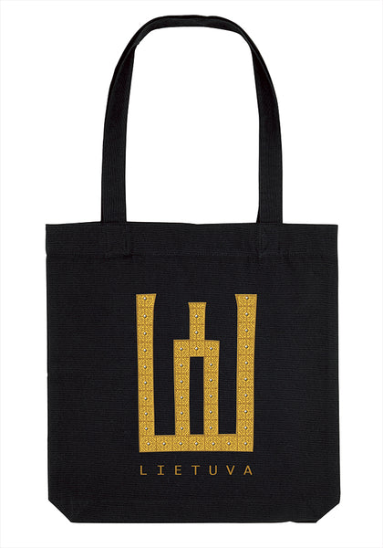 Black tote bag with a gold logo of Gediminid dynasty and text 'Lithuania'.