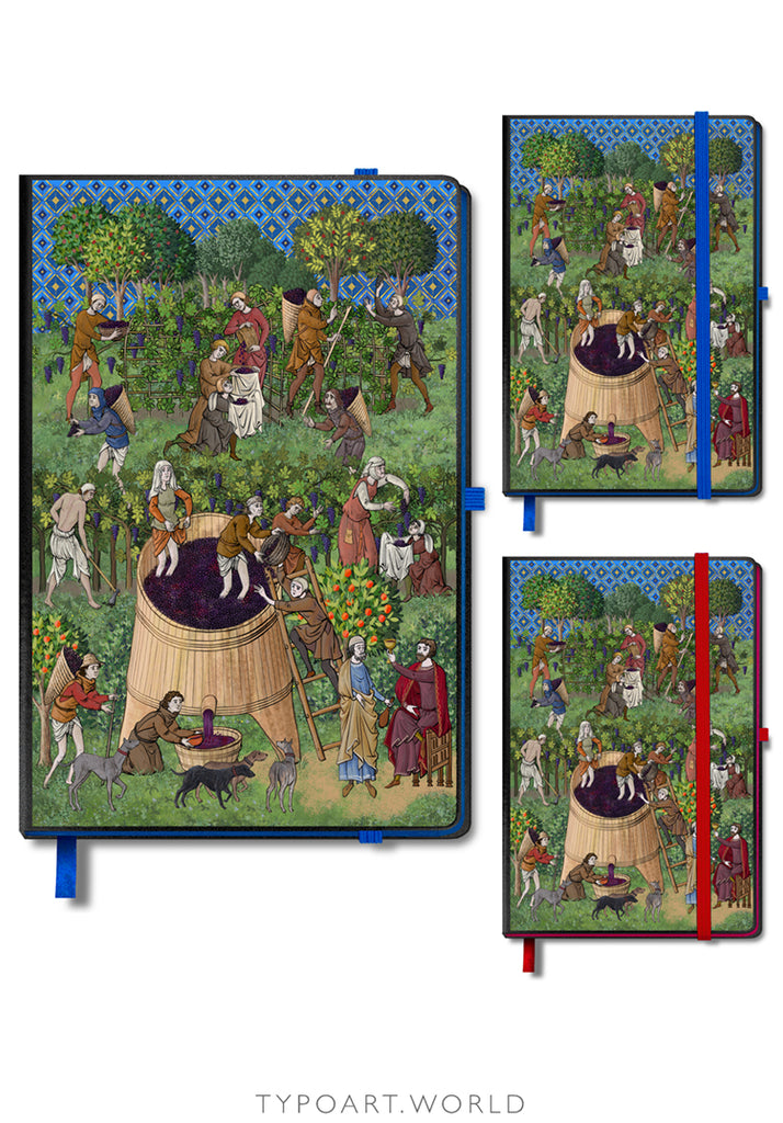 A hardcover notebook adorned with a detailed medieval-style illustration depicting the grape harvest and winemaking. The notebook features an elastic closure band (in blue and red) and bears the "typoart.world" brand name.