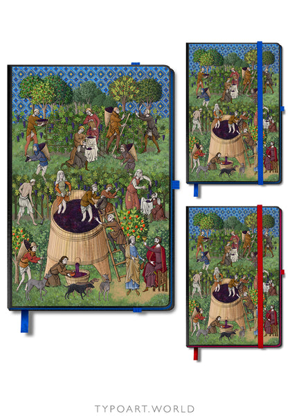 A hardcover notebook adorned with a detailed medieval-style illustration depicting the grape harvest and winemaking. The notebook features an elastic closure band (in blue and red) and bears the "typoart.world" brand name.