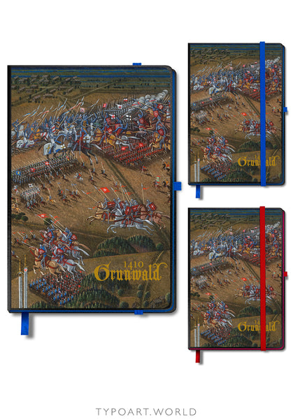 A hardcover notebook with medieval battle of Grunwald illustration on the cover, shown in blue, navy, and red elastic closure options.