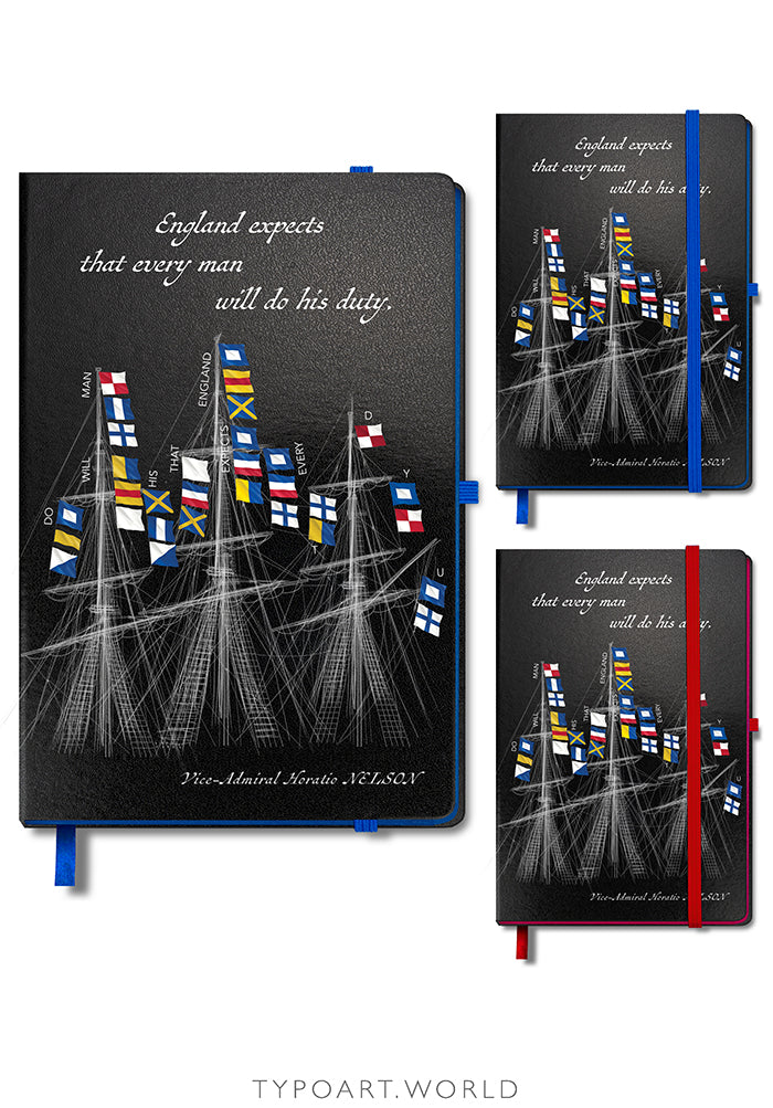 Notebook with Horatio Nelson's flag signal at the Battle of Trafalgar 1805 'England expects that every man will do his duty'.
