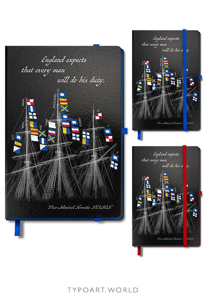 Notebook with Horatio Nelson's flag signal at the Battle of Trafalgar 1805 'England expects that every man will do his duty'.