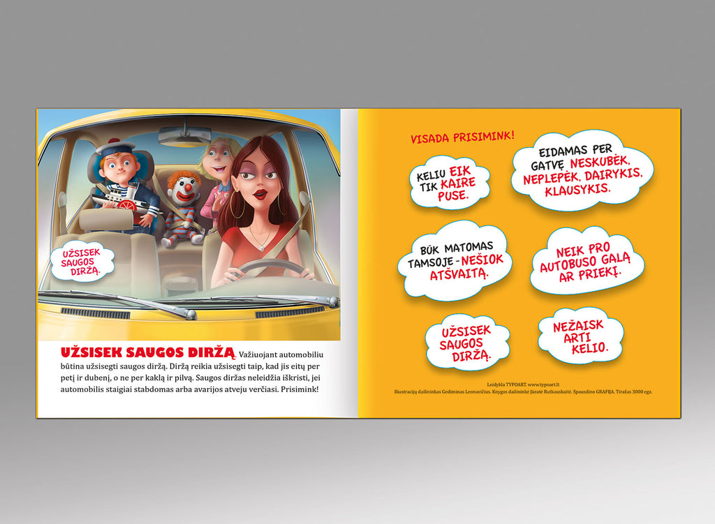 užsisek saugos diržą atšvaitai perėja šviesoforas būk saugus kelyje knyga vaikams taisyklės iliustracijos TYPOART