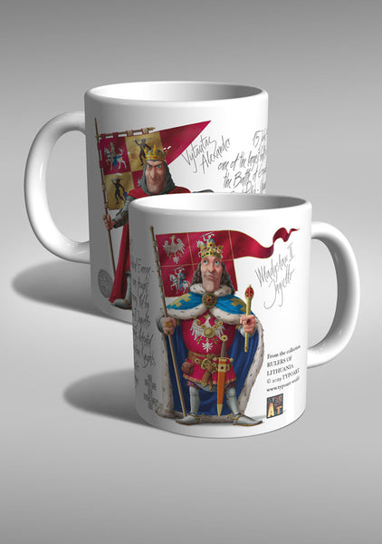 puodukas mug Jogaila karalius Vytautas didysis kunigaikštis LDK Lietuva valdovai viduramžiai Žalgiris Grunwald Tannenberg suvenyras riteris knight TYPOART Trakai muziejus