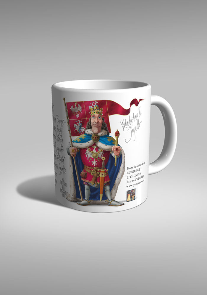 puodukas mug Jogaila karalius Vytautas didysis kunigaikštis LDK Lietuva valdovai viduramžiai Žalgiris Grunwald Tannenberg suvenyras riteris knight TYPOART Trakai muziejus