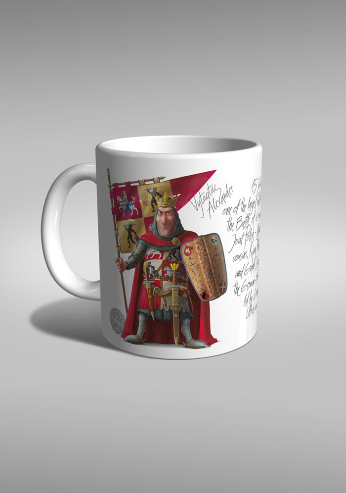 puodukas mug Jogaila karalius Vytautas didysis kunigaikštis LDK Lietuva valdovai viduramžiai Žalgiris Grunwald Tannenberg suvenyras riteris knight TYPOART Trakai muziejus