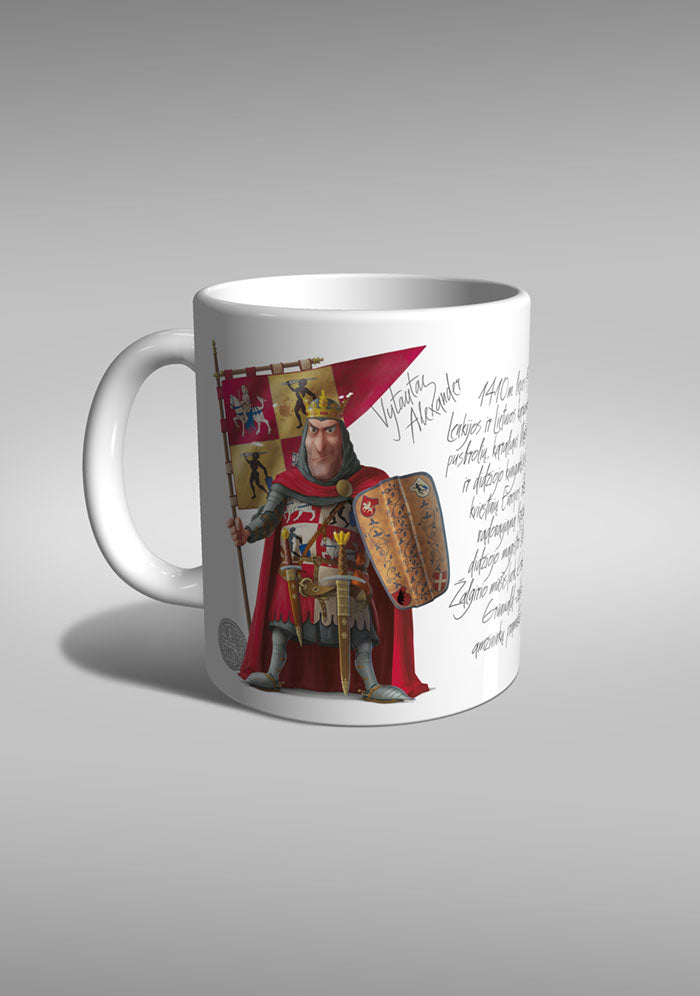 puodukas mug Jogaila karalius Vytautas didysis kunigaikštis LDK Lietuva valdovai viduramžiai Žalgiris Grunwald Tannenberg suvenyras riteris knight TYPOART Trakai muziejus