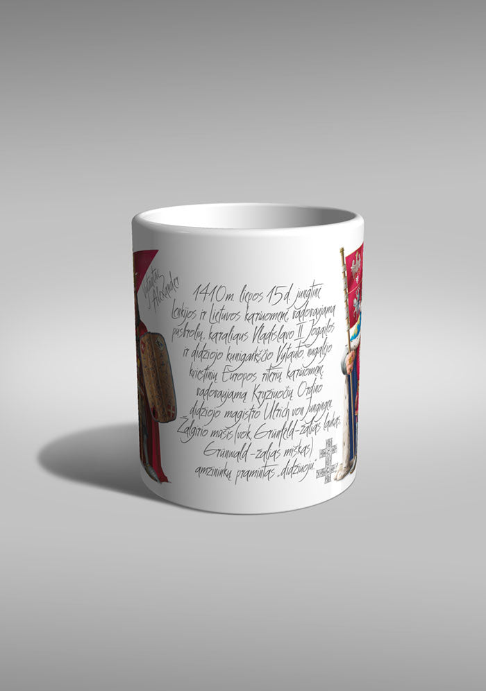 puodukas mug Jogaila karalius Vytautas didysis kunigaikštis LDK Lietuva valdovai viduramžiai Žalgiris Grunwald Tannenberg suvenyras riteris knight TYPOART Trakai muziejus