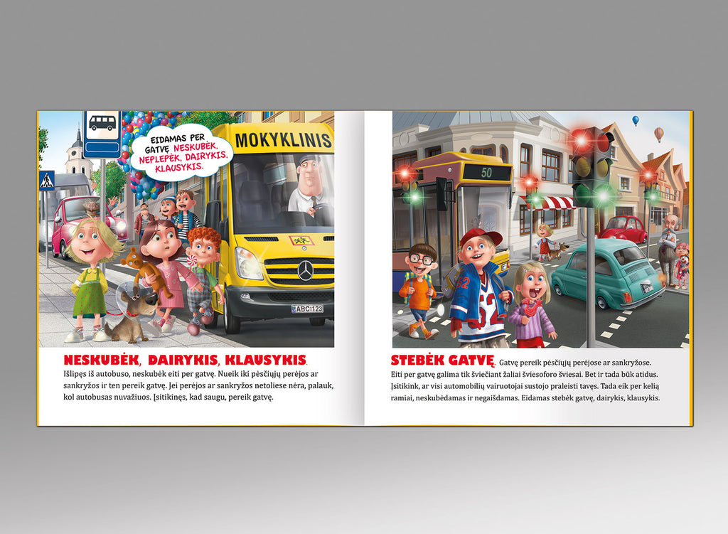 mokyklinis autobusas atšvaitai šviesoforas perėja būk saugus kelyje gatvėje knyga vaikams taisyklės iliustracijos TYPOART
