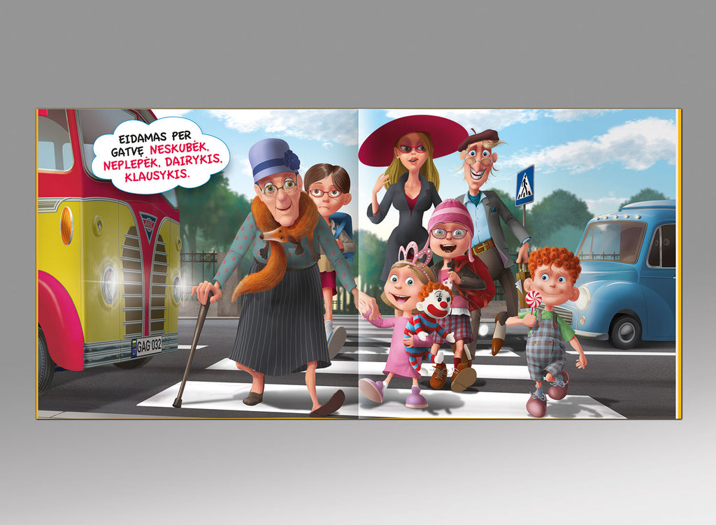 atšvaitai perėja būk saugus kelyje knyga vaikams taisyklės iliustracijos TYPOART