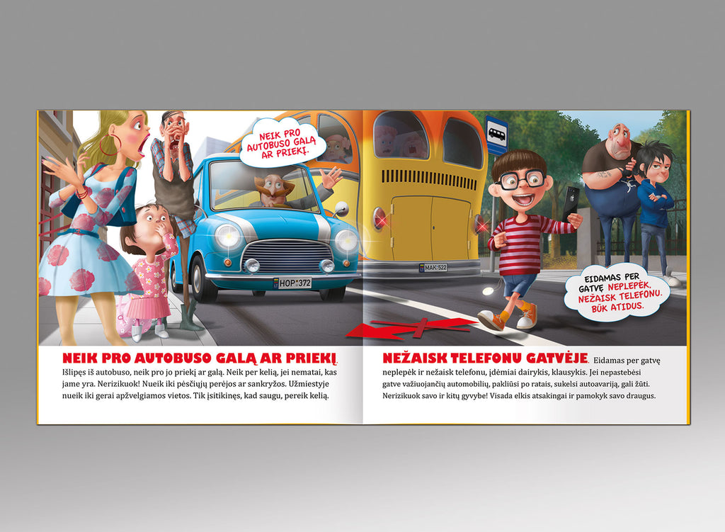 atšvaitai perėja būk saugus kelyje knyga vaikams taisyklės iliustracijos TYPOART