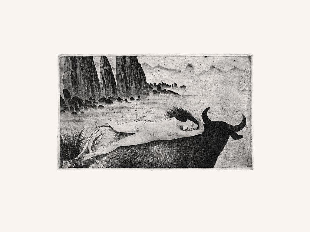 Europe, mythology, original art, art print, etching, artist Gediminas Leonavičius, Typoart