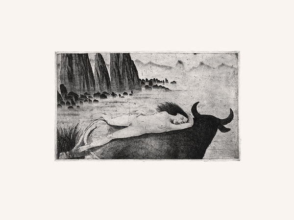 Europe, mythology, original art, art print, etching, artist Gediminas Leonavičius, Typoart