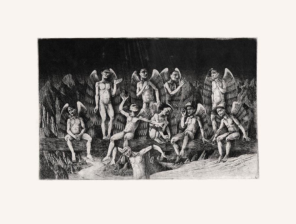 angels with black wings, original art, art print, etching, artist Gediminas Leonavičius, Typoart