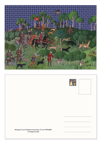 postcard postcrossing mail king karalius Gediminas medžioklė hunting history middle ages Lithuania illustration Gediminas Leonavičius TYPOART souvenirs