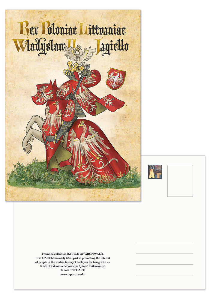 Władysław II Jagiełło Jogaila king Poland Lithuania Lietuva knight middle ages karalius riteris battle Grunwald Tannenberg Žalgiris postcard atvirukas TYPOART souvenirs history suvenyrai istorija