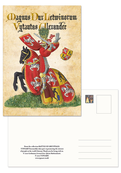 Vytautas didysis Alexander LDK Magnus Dux Letwinorum Grand Duke Lithuania middle ages knight Battle Grunwald Tannenberg Žalgiris souvenirs postcard atvirukas atvirlaiškis istorija history heraldika heraldry TYPOART Lietuva