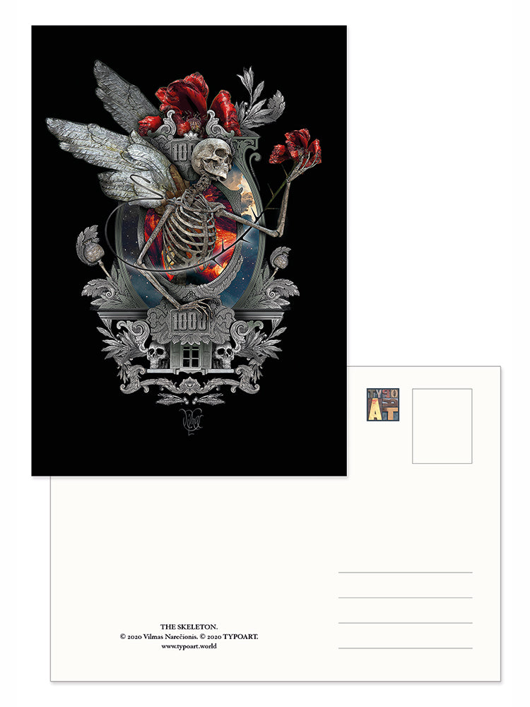 skeleton griaučiai fantasy art postcard snailmail souvenir Vilmas Narečionis TYPOART