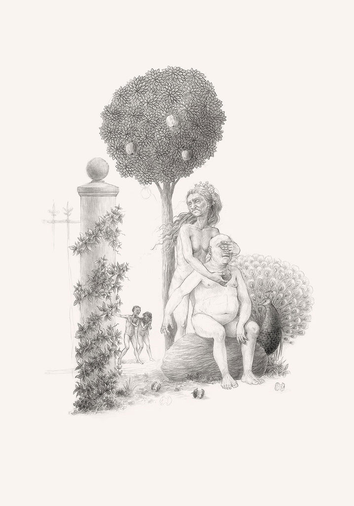 Adam and Eve apple, drawing, original art, art print, artist Gediminas Leonavičius, Typoart