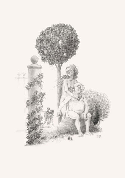 Adam and Eve apple, drawing, original art, art print, artist Gediminas Leonavičius, Typoart